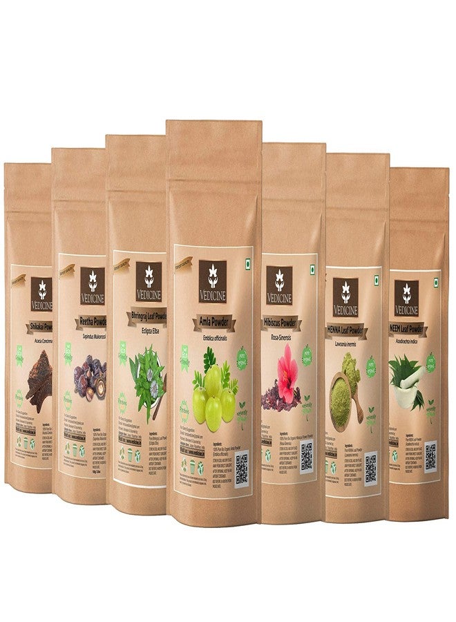 VEDICINE Pure And Natural Dried Amla Reetha Shikakai Hibiscus Bhringraj Heena Neem Powder For Hair Pack And Hair Mask (50Gm Each) - Image 1