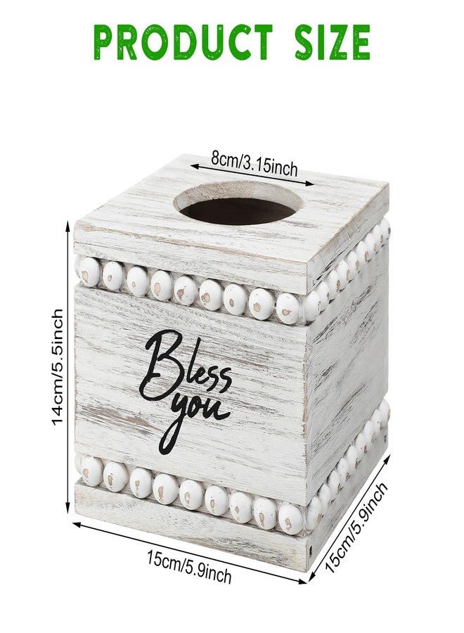 Yiyiring Bless You Beaded Square Tissue Box Cover, Rustic Farmhouse Vintage Wooden Tissue Holder White Box Distressed Napkin Holder for Table Bathroom Decor - Image 2