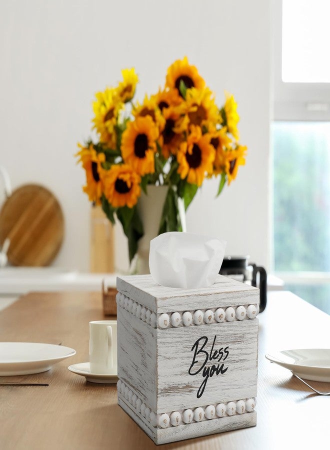 Yiyiring Bless You Beaded Square Tissue Box Cover, Rustic Farmhouse Vintage Wooden Tissue Holder White Box Distressed Napkin Holder for Table Bathroom Decor - Image 3
