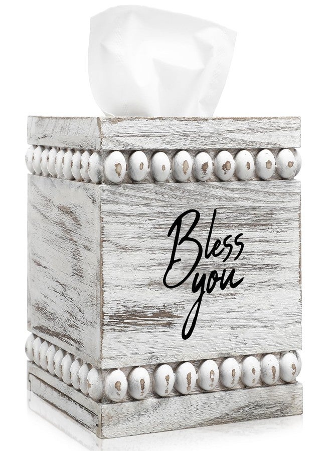Yiyiring Bless You Beaded Square Tissue Box Cover, Rustic Farmhouse Vintage Wooden Tissue Holder White Box Distressed Napkin Holder for Table Bathroom Decor - Image 1
