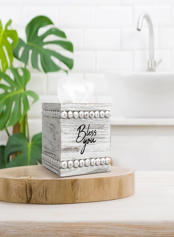 Yiyiring Bless You Beaded Square Tissue Box Cover, Rustic Farmhouse Vintage Wooden Tissue Holder White Box Distressed Napkin Holder for Table Bathroom Decor - Image 5