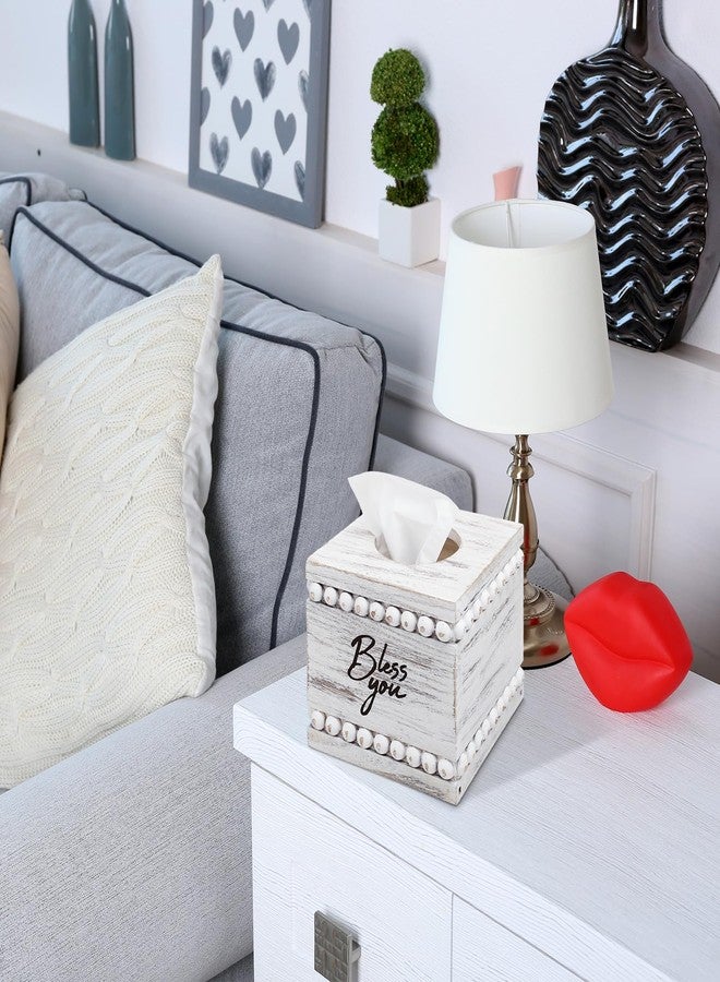 Yiyiring Bless You Beaded Square Tissue Box Cover, Rustic Farmhouse Vintage Wooden Tissue Holder White Box Distressed Napkin Holder for Table Bathroom Decor - Image 4