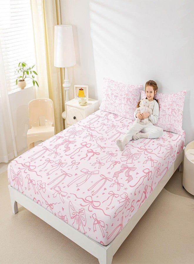 Castle Fairy Pink Bowknot Kids Fitted Sheet Full Size,Princess Girl Bedding Sets,Cartoon Bow Tie Butterfly Knot Bed Sheets Bow Stars Love Pink Sweet Girly Deep Pocket Sheet Child Teens Woman Room Decor 3Pcs - Image 3
