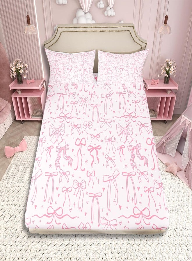 Castle Fairy Pink Bowknot Kids Fitted Sheet Full Size,Princess Girl Bedding Sets,Cartoon Bow Tie Butterfly Knot Bed Sheets Bow Stars Love Pink Sweet Girly Deep Pocket Sheet Child Teens Woman Room Decor 3Pcs - Image 2