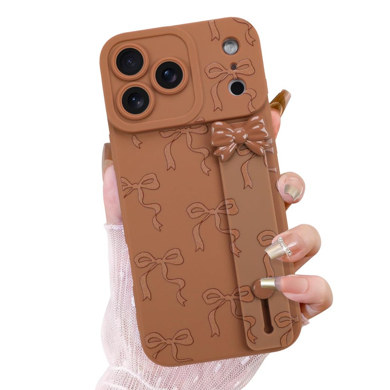 OOK Case for iPhone 17 Pro Max Case with Screen Protector, Cute Bow Design with Adjustable Wristband Strap Kickstand Slim Soft TPU Rubber for Women Girls Phone Cover-Brown - Image 1