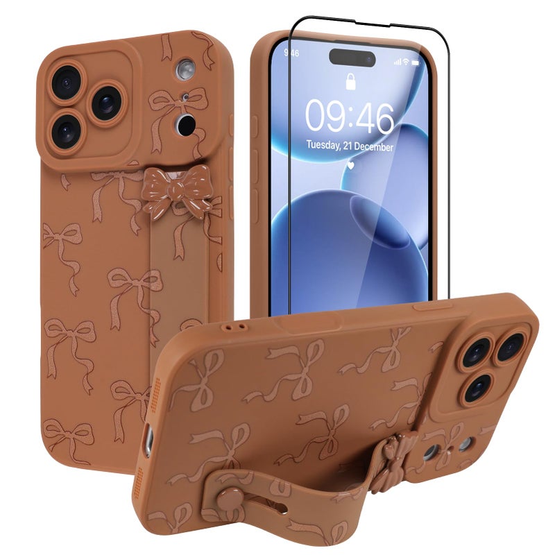 OOK Case for iPhone 17 Pro Max Case with Screen Protector, Cute Bow Design with Adjustable Wristband Strap Kickstand Slim Soft TPU Rubber for Women Girls Phone Cover-Brown - Image 2
