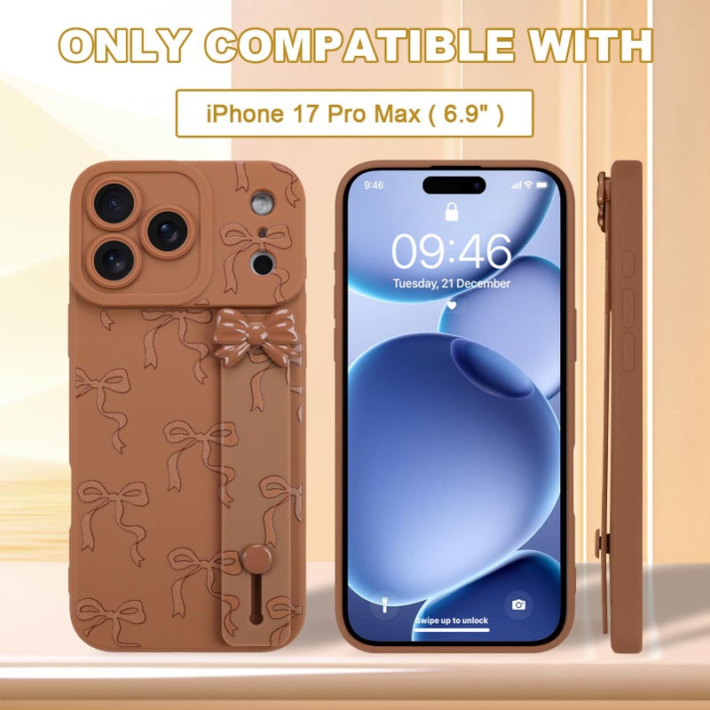OOK Case for iPhone 17 Pro Max Case with Screen Protector, Cute Bow Design with Adjustable Wristband Strap Kickstand Slim Soft TPU Rubber for Women Girls Phone Cover-Brown - Image 3