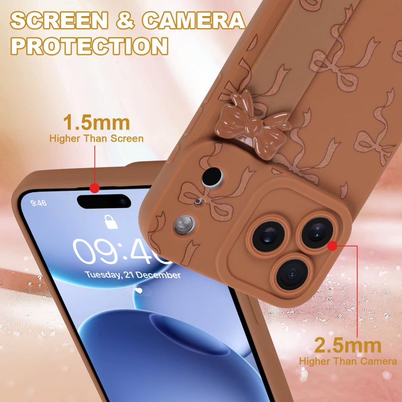 OOK Case for iPhone 17 Pro Max Case with Screen Protector, Cute Bow Design with Adjustable Wristband Strap Kickstand Slim Soft TPU Rubber for Women Girls Phone Cover-Brown - Image 4