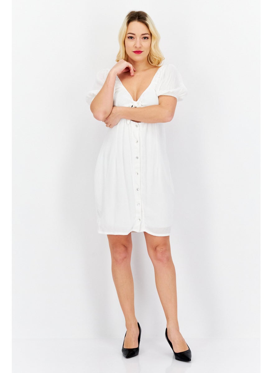Dippin' Daisy's - Women Button Fasten Detail Puffed Sleeve Mini Dress, White - Image 1