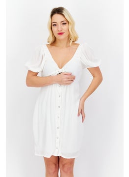 Women Button Fasten Detail Puffed Sleeve Mini Dress, White