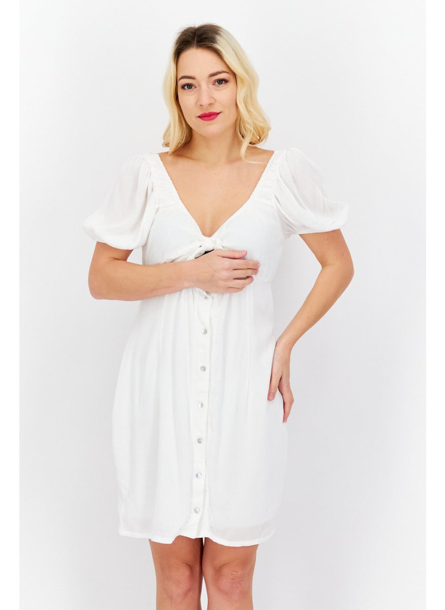 Dippin' Daisy's - Women Button Fasten Detail Puffed Sleeve Mini Dress, White - Image 1