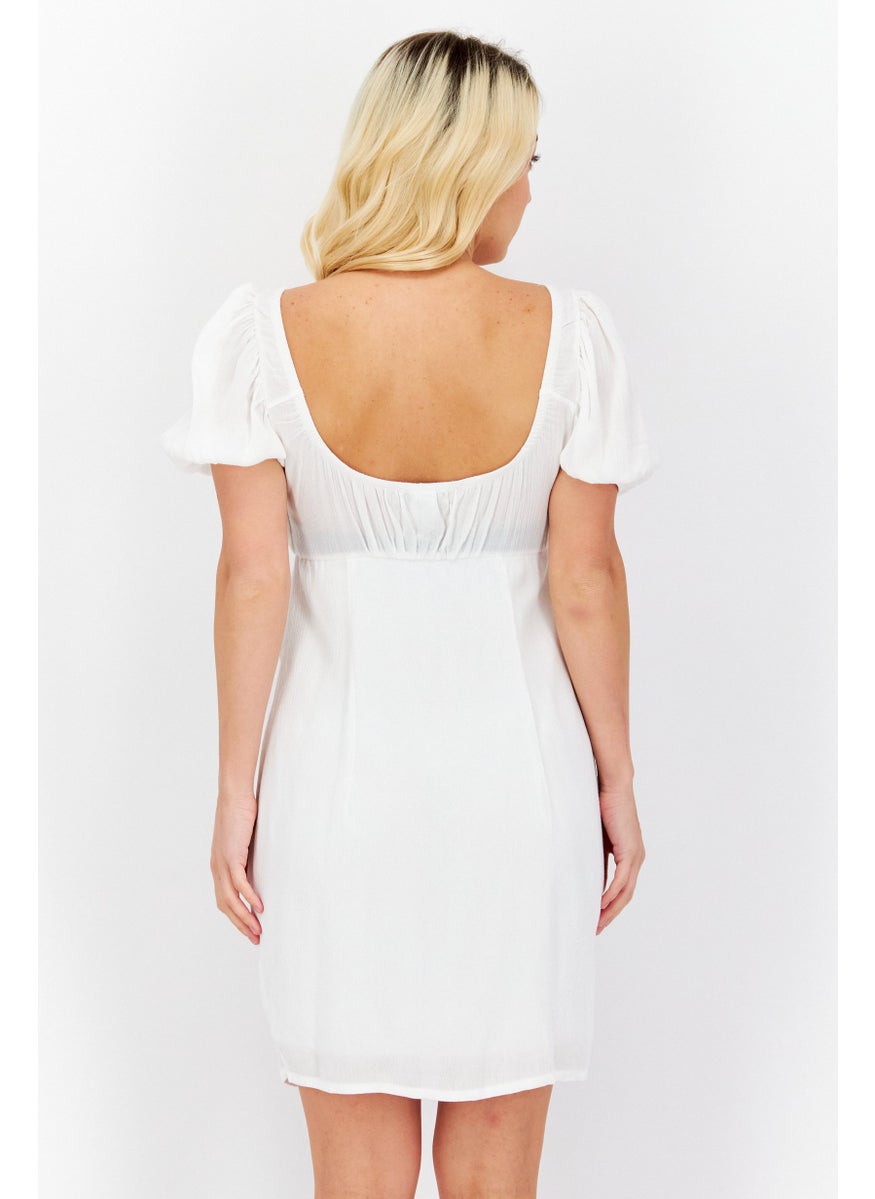 Dippin' Daisy's - Women Button Fasten Detail Puffed Sleeve Mini Dress, White - Image 1