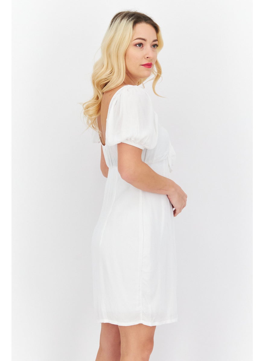 Dippin' Daisy's - Women Button Fasten Detail Puffed Sleeve Mini Dress, White - Image 1