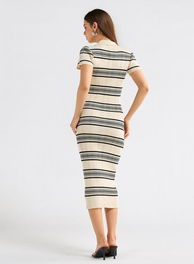 سبلاش فيڤ فستان مقلّم بقصّة ضيّقة وأكمام قصيرة ياقة عادية - Image 3