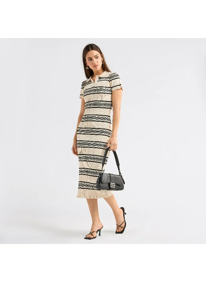 Splash FAV Striped Collared Bodycon Dress with Short Sleeves