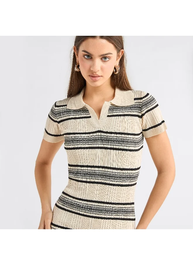 Splash FAV Striped Collared Bodycon Dress with Short Sleeves