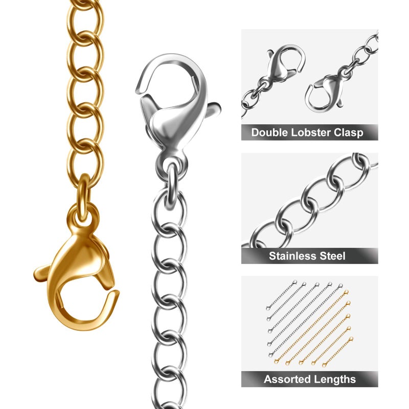 MENKEY Necklace Extenders, 10Pcs Stainless Steel Gold Silver Necklace Bracelet Anklet Extension Chains with Lobster Clasps and Closures for Jewelry Making - Image 3