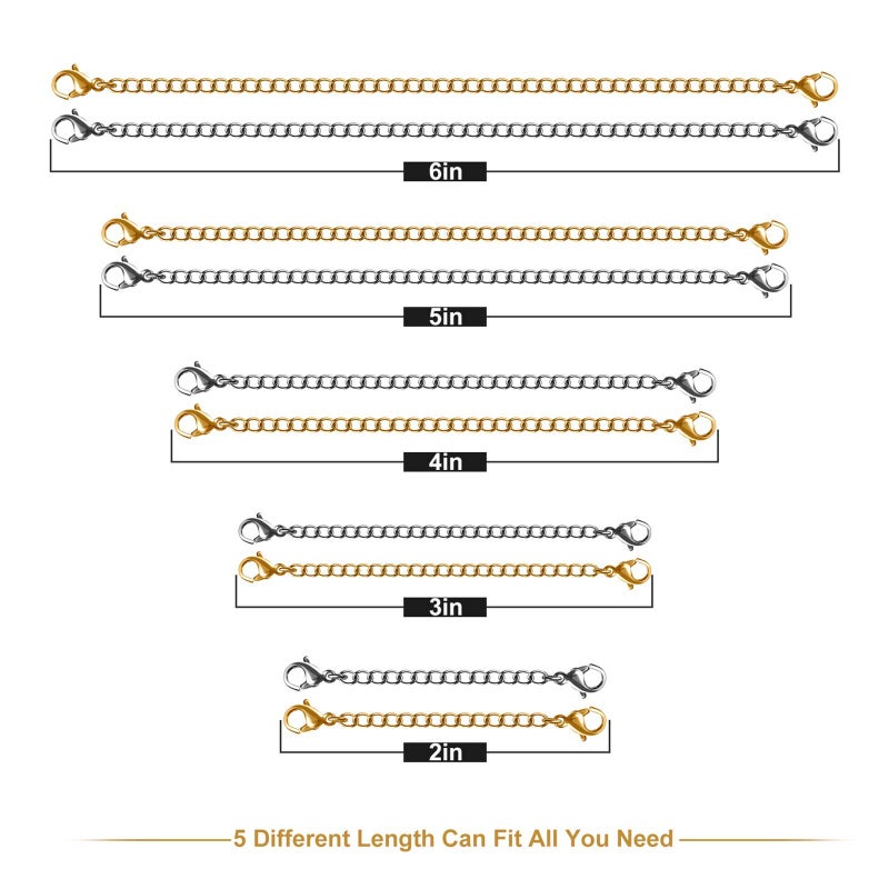 MENKEY Necklace Extenders, 10Pcs Stainless Steel Gold Silver Necklace Bracelet Anklet Extension Chains with Lobster Clasps and Closures for Jewelry Making - Image 2