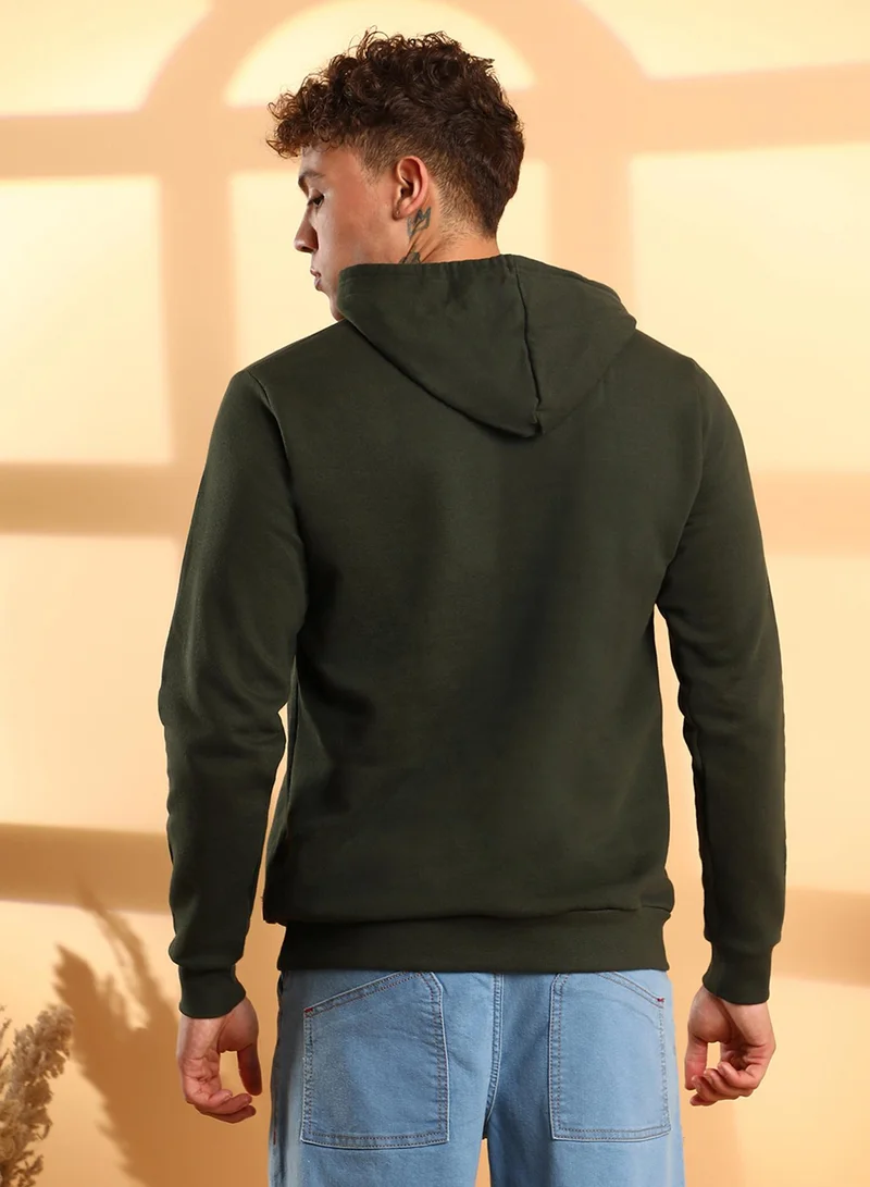 Campus Sutra Men's Forest Green Inspire Hoodie With Kangaroo Pocket