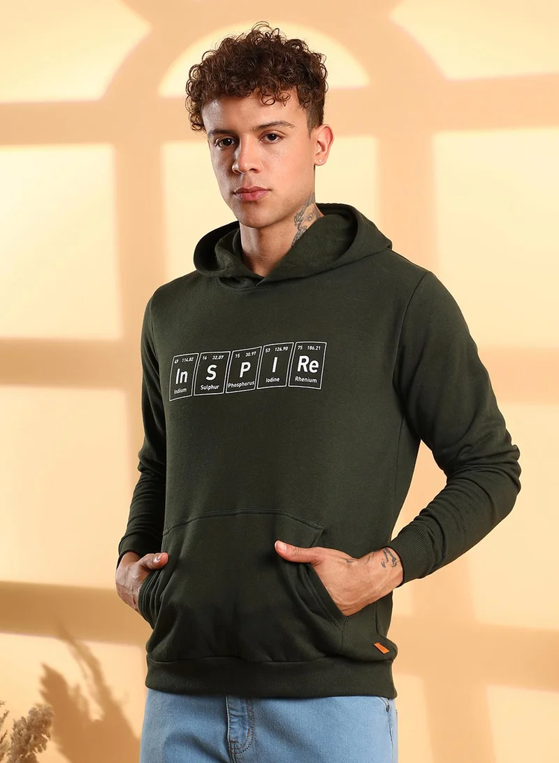 Campus Sutra Men's Forest Green Inspire Hoodie With Kangaroo Pocket