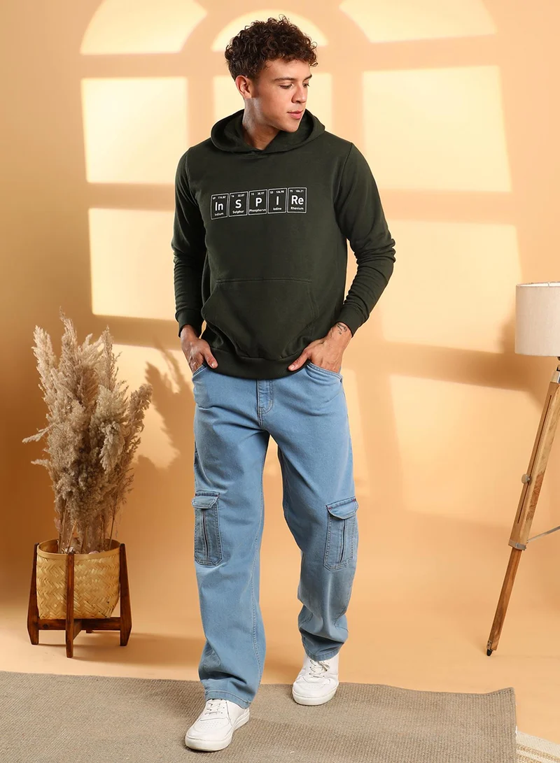 Campus Sutra Men's Forest Green Inspire Hoodie With Kangaroo Pocket