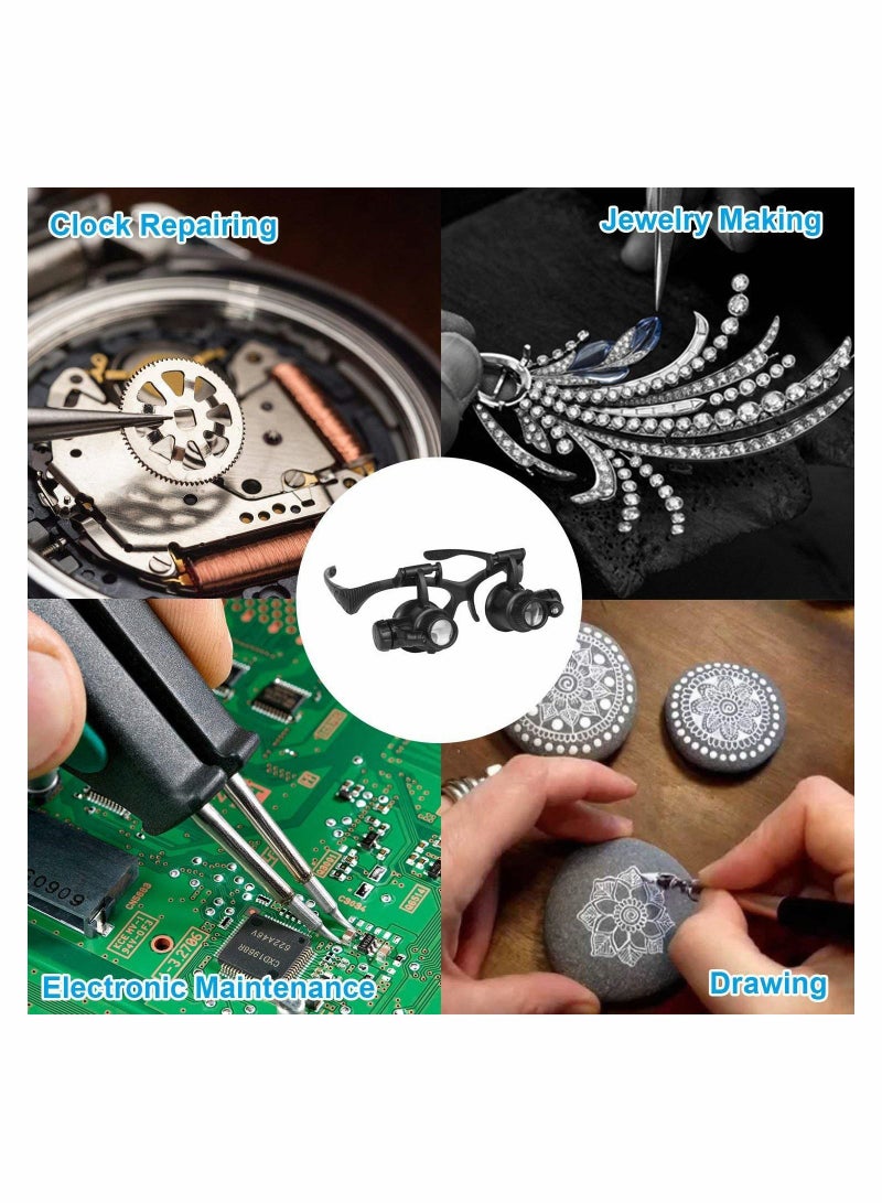 Excefore Glasses Magnifier, Headband Magnifying Glasses with LED Light, jewellers Loupe with 4 Interchangeable Lenses 10X 15X 20X 25X, for Jewelry Eyeglass Watch Electronic Repair Tool - Image 2