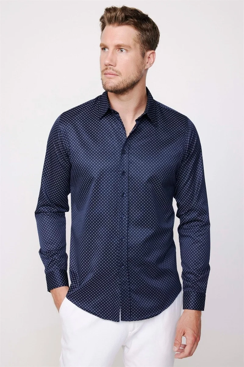 تودورس Slim Fit Long Sleeve Cotton Easy Iron Patterned Men's Navy Blue Shirt