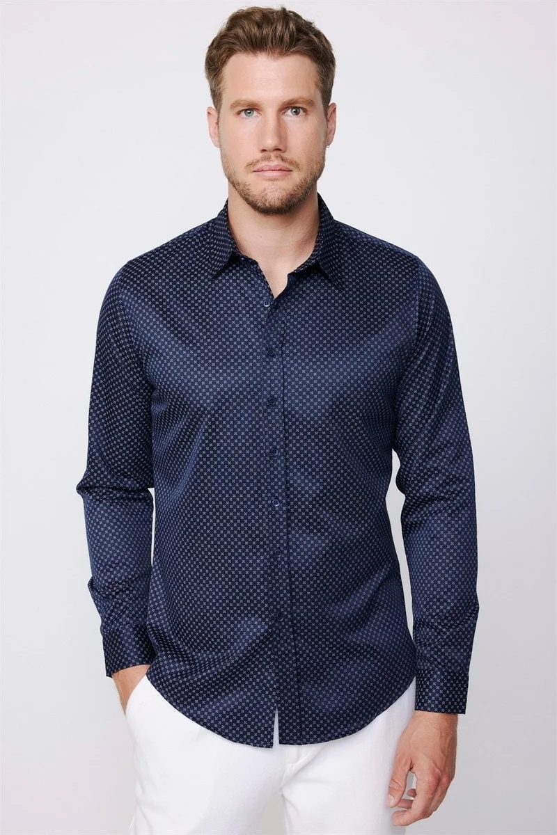 تودورس Slim Fit Long Sleeve Cotton Easy Iron Patterned Men's Navy Blue Shirt