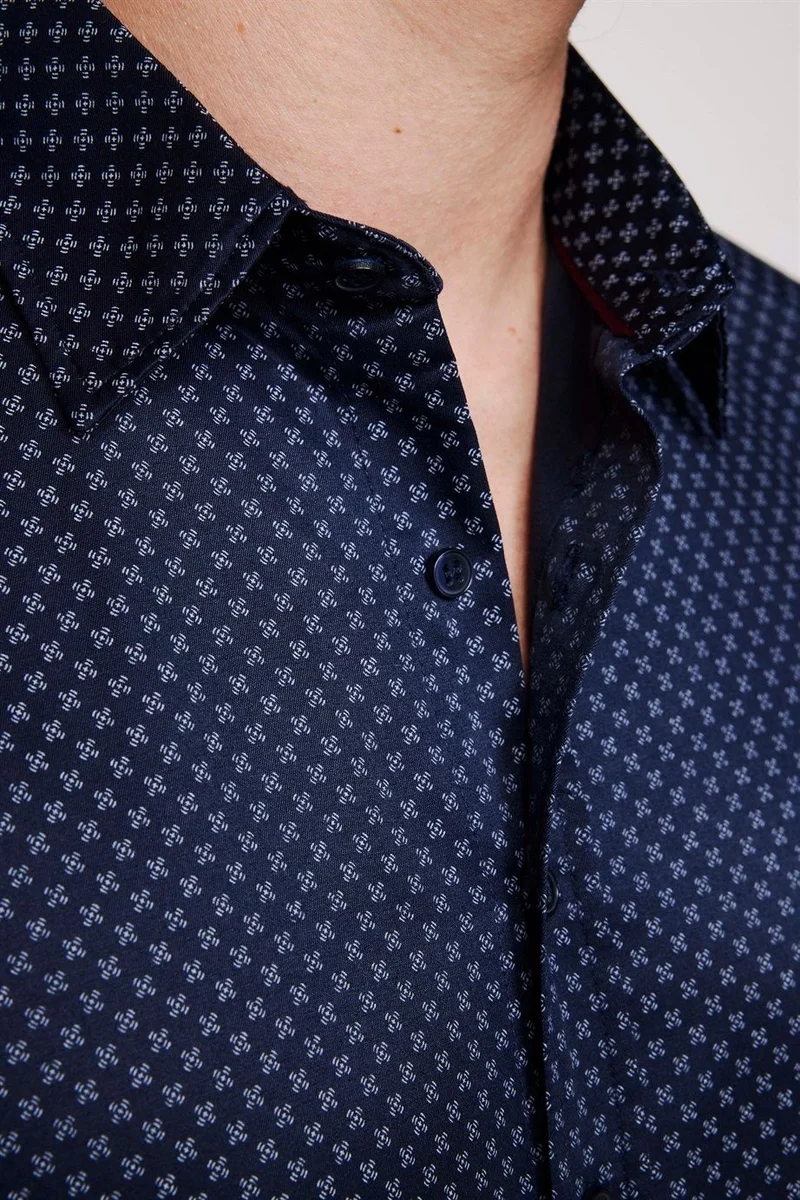 تودورس Slim Fit Long Sleeve Cotton Easy Iron Patterned Men's Navy Blue Shirt