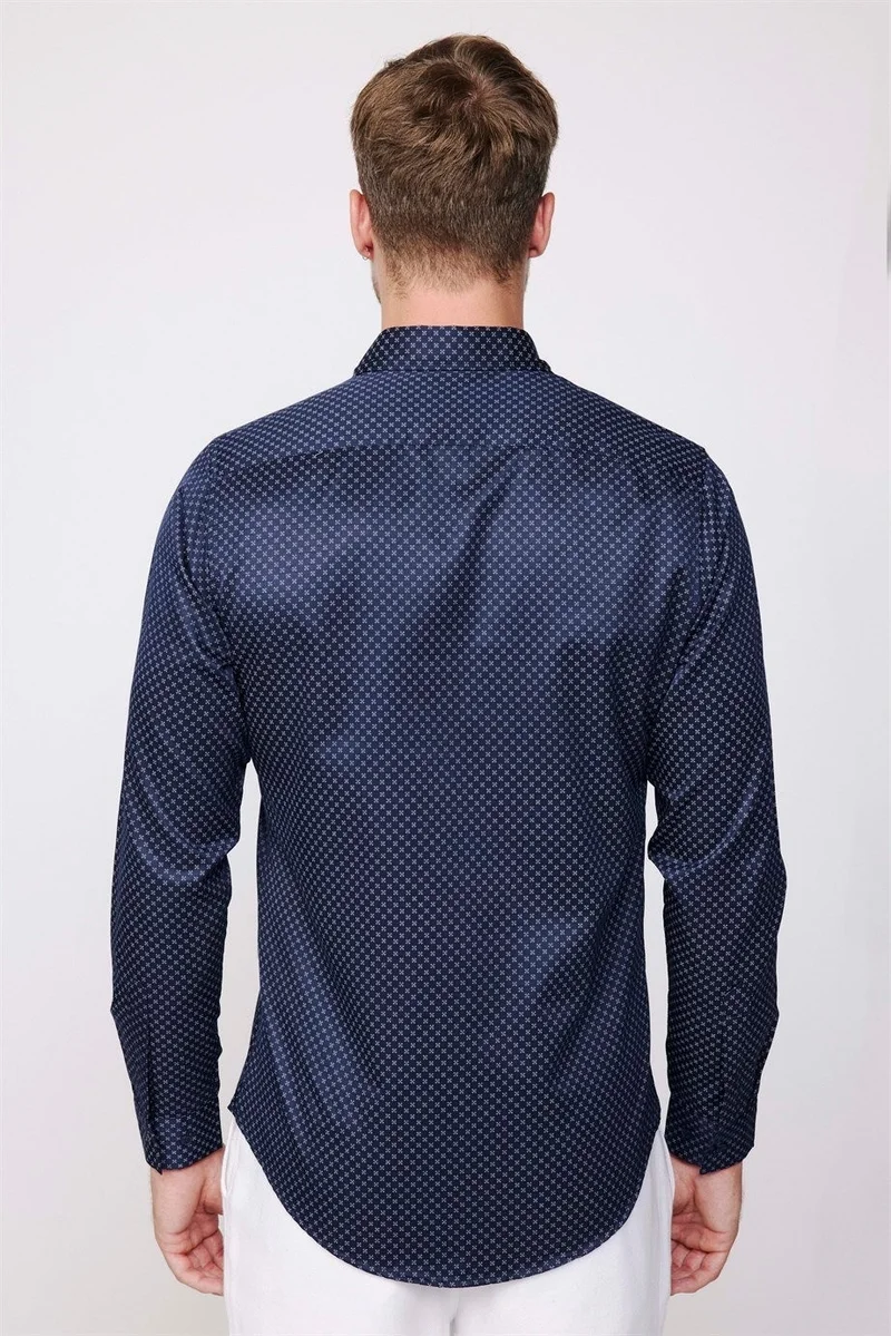 تودورس Slim Fit Long Sleeve Cotton Easy Iron Patterned Men's Navy Blue Shirt