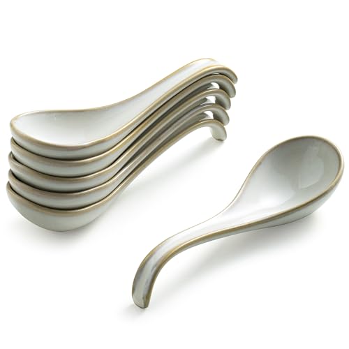 Gomakren Soup Spoons Set of 6 Asian Soup Spoons 65 Inch Ramen Spoons Christmas Ceramic Chinese Spoon Set for Soup Cereal Pho Noodles Dumpling Miso Wonton Dishwasher Safe Creamy White - Image 1