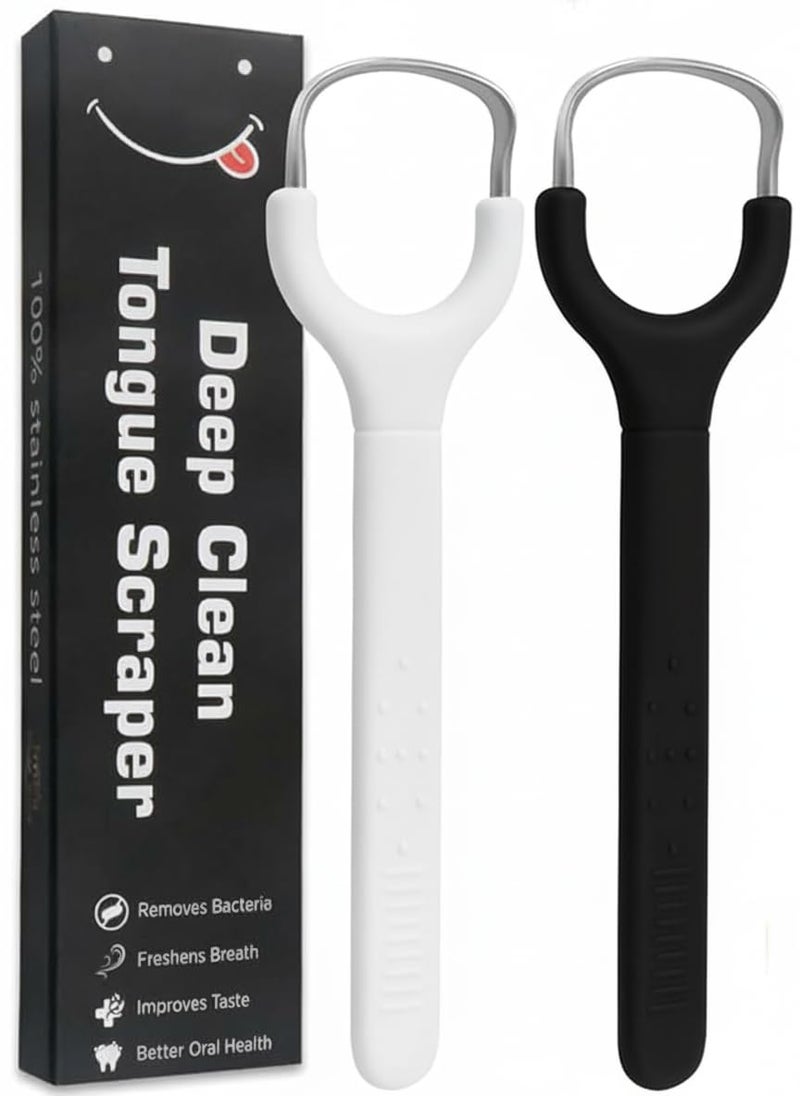 Prplet Tongue Cleaner Scraper for Adults & Kids – Stainless Steel Tongue Scraper for Hygiene, Fresh Breath, Removes Bacteria – Deep Clean Tongue Cleaning Tool (Pack of 2) (Black+White) - Image 1