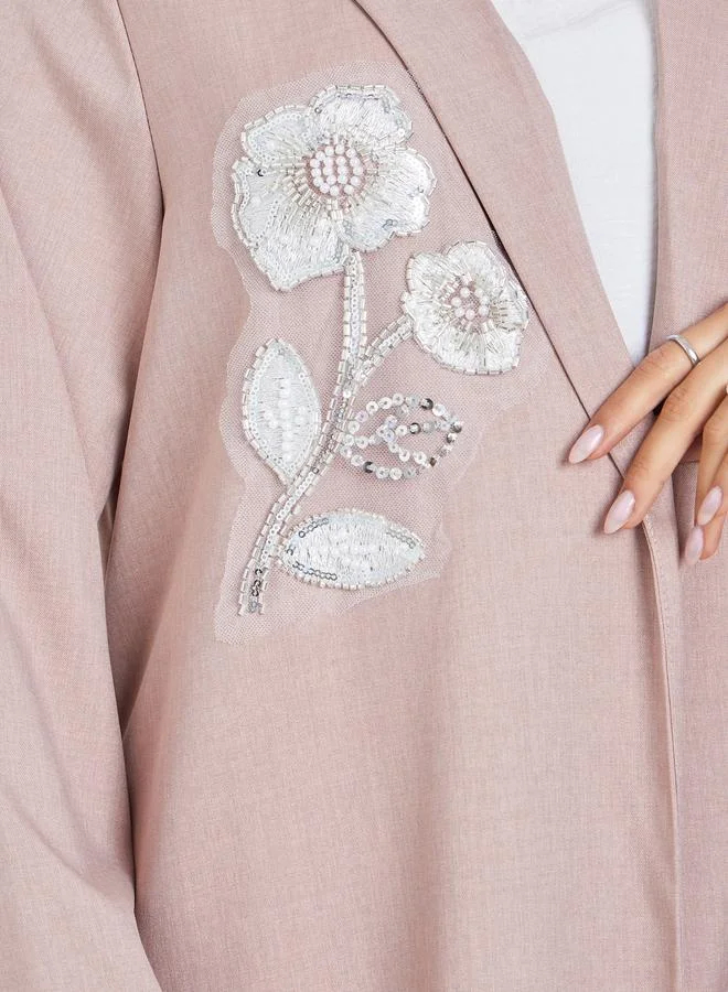 Amirah Pink Pink Front Open Collared Abaya with Beaded Patch for Women | Best Price UAE