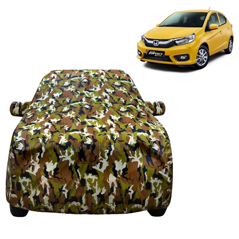 VYAS 100% Waterproof Car Body Cover for Honda Brio (2011-2019) with Mirror Pocket Triple Stitched Belt & Buckle Fitting Dual Elastic, Durable Material Jungle Print Camouflage Design - Image 1