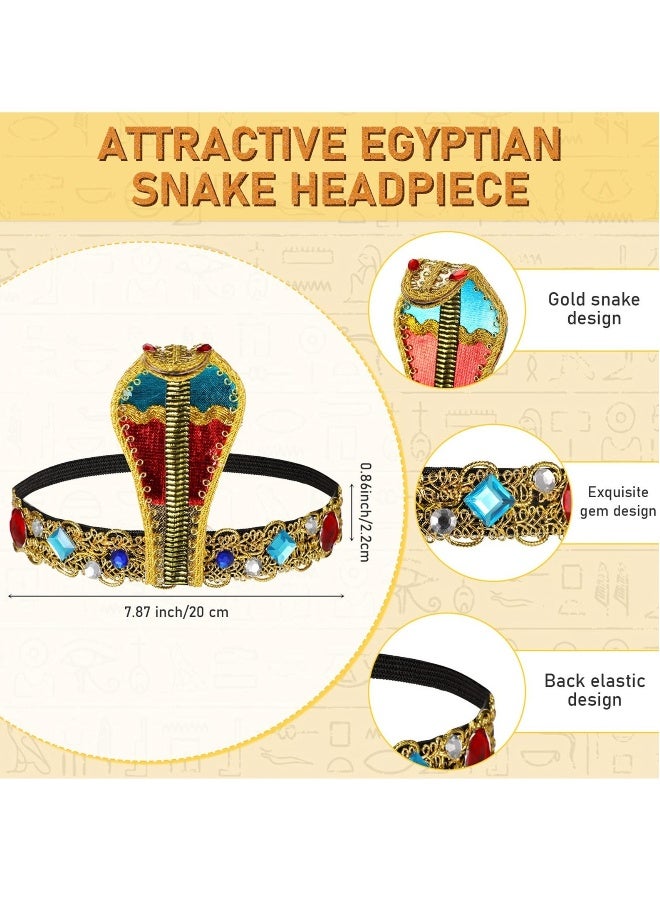 إكسسوارات زي رأس مصرية، 3 قطع إكليل معدني مصري مع ثعبان مزخرف، قلادة بتعليق مزخرفة، سوار كريستالي للنساء والفتيات - Image 1