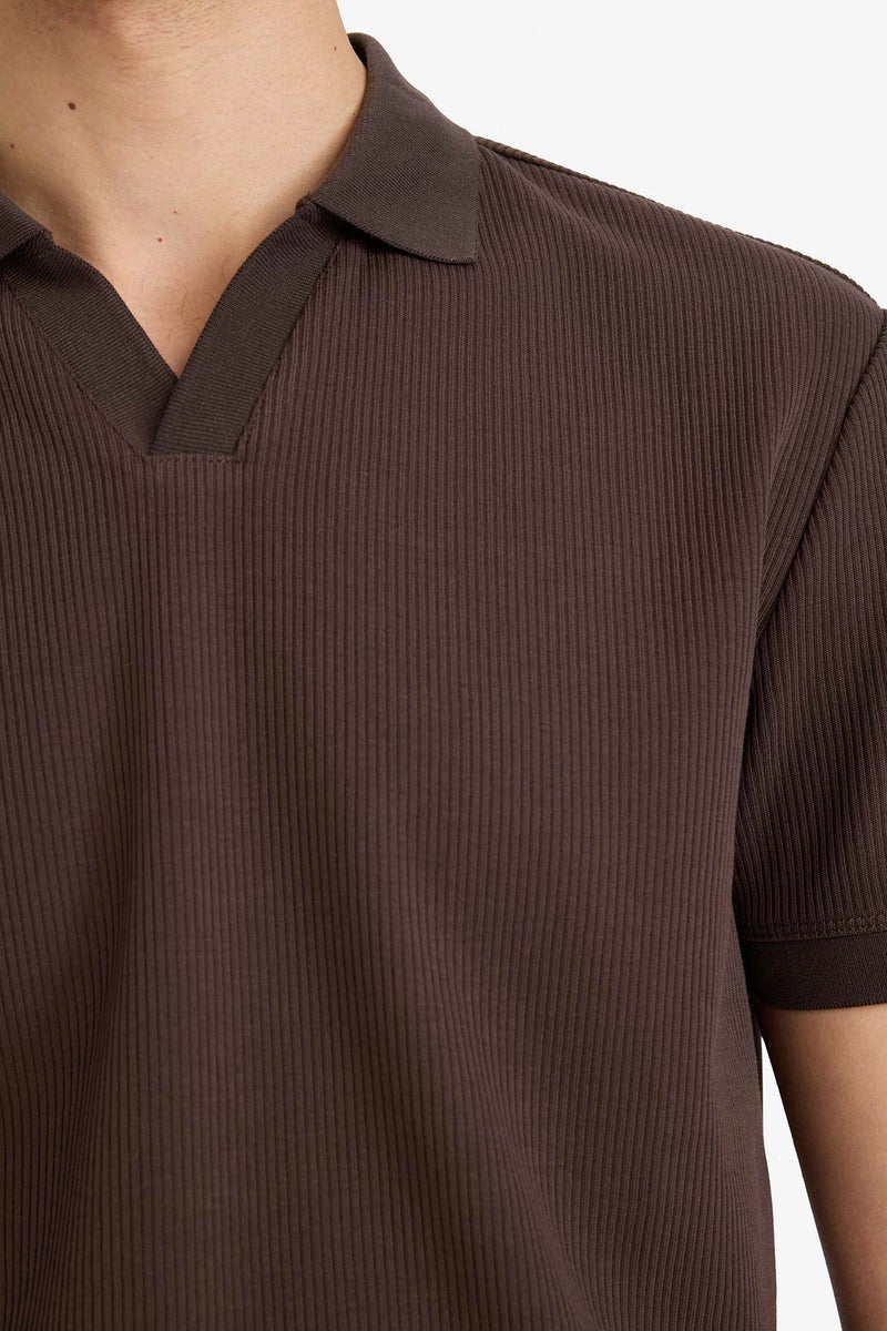 DeFacto Brown Man Regular Fit Pleated Polo T-Shirt Casual - Image 4
