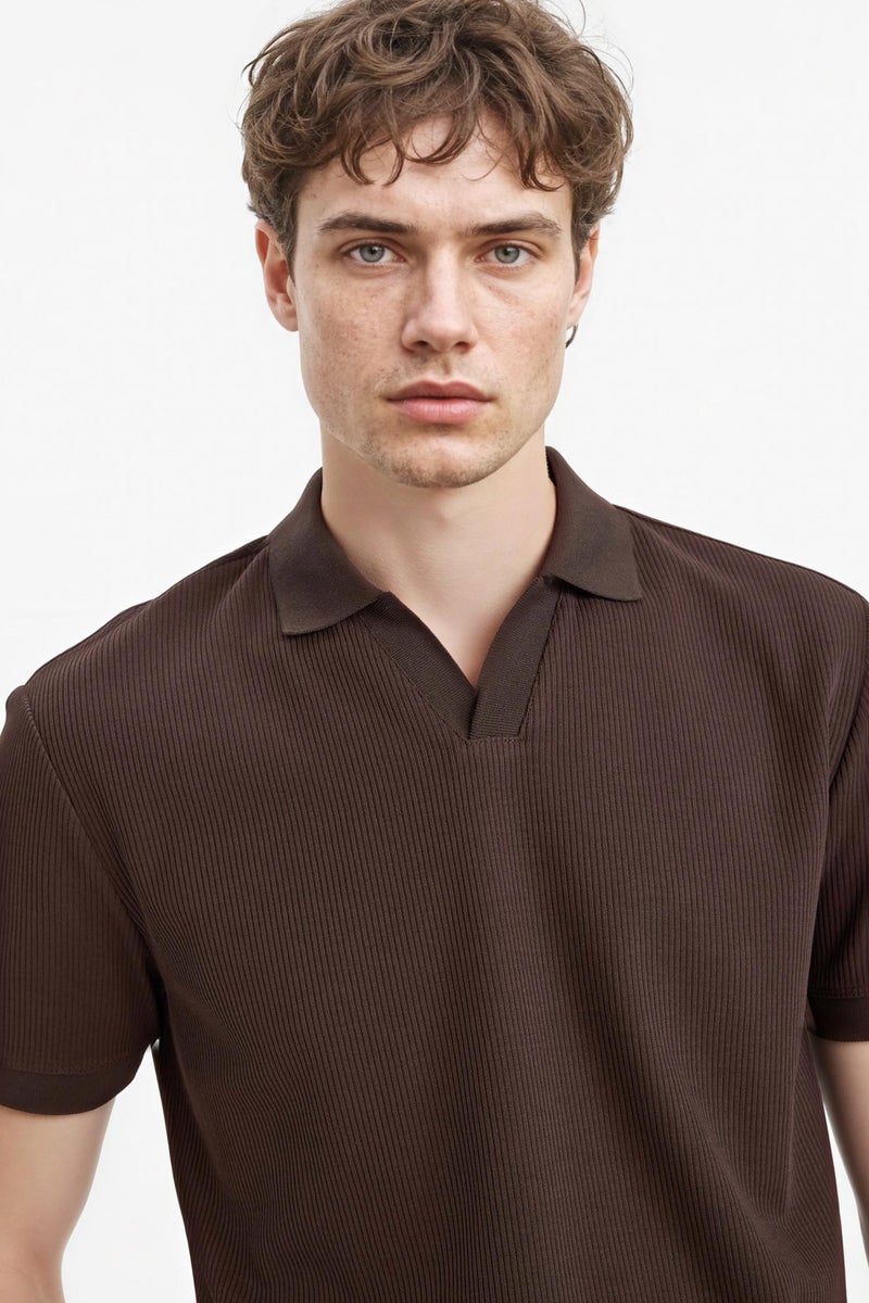 DeFacto Brown Man Regular Fit Pleated Polo T-Shirt Casual - Image 3