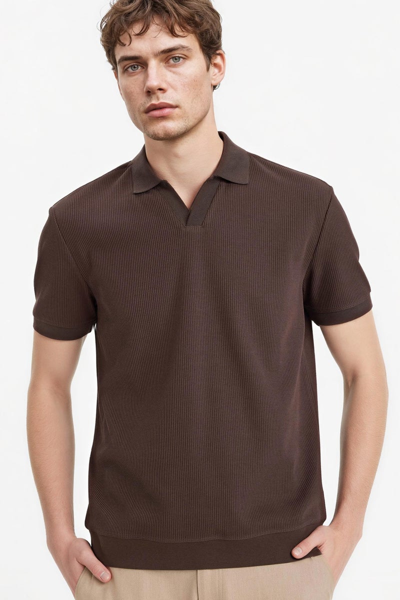 DeFacto Brown Man Regular Fit Pleated Polo T-Shirt Casual - Image 1