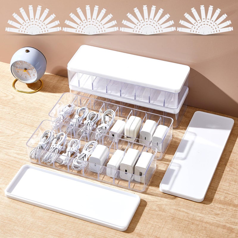 Tatuo 4 Pcs Cable Organizer Box with Wire Ties, Plastic Cord Storage Box with Lid, Electronics Organizer for Home Office Desk Organizers and Accessories (Clear,White) - Image 1