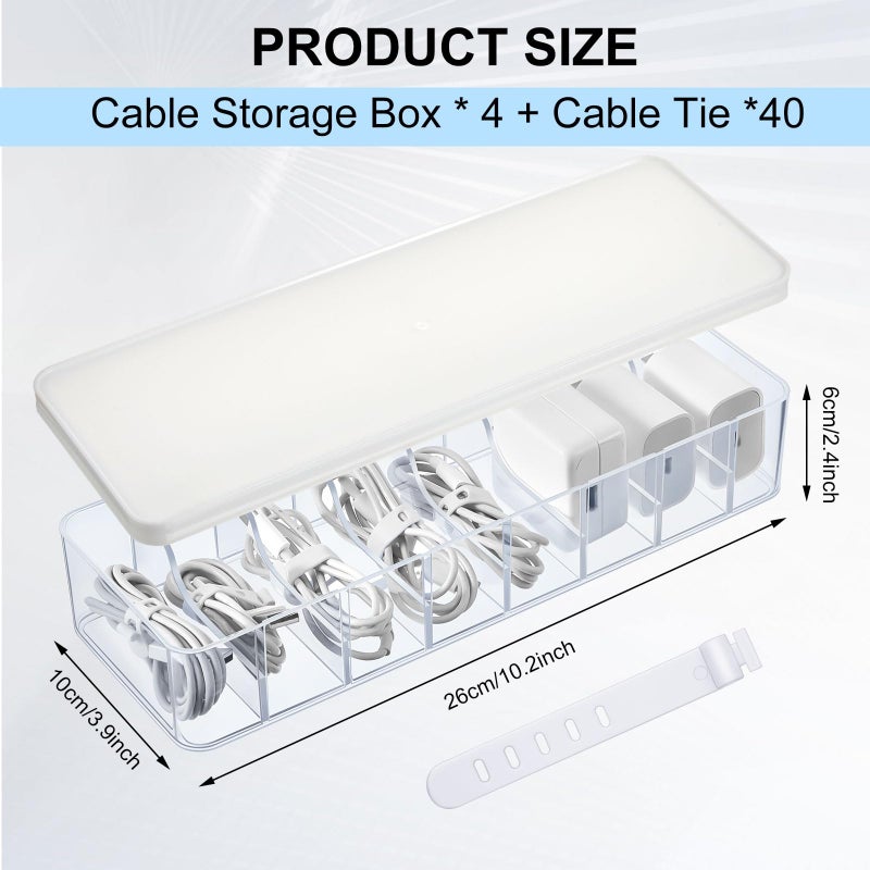 Tatuo 4 Pcs Cable Organizer Box with Wire Ties, Plastic Cord Storage Box with Lid, Electronics Organizer for Home Office Desk Organizers and Accessories (Clear,White) - Image 2