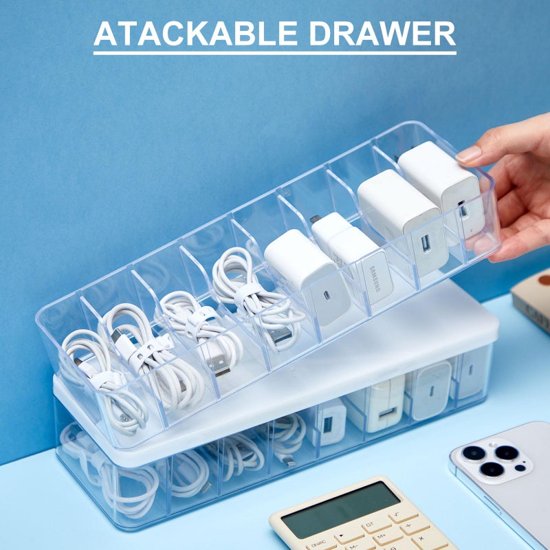 Tatuo 4 Pcs Cable Organizer Box with Wire Ties, Plastic Cord Storage Box with Lid, Electronics Organizer for Home Office Desk Organizers and Accessories (Clear,White) - Image 3