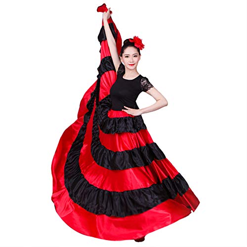 lontakids Womens Spanish Bull Dance Skirt Belly Dance Skirt Big Swing Flamenco Costume (720 Degree, Red) - Image 2
