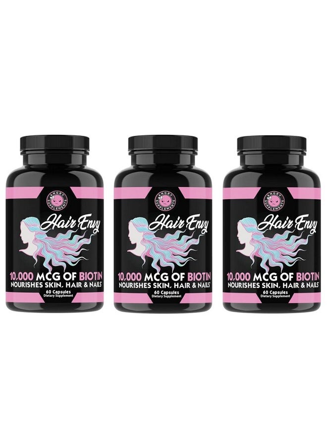 Angry Supplements - Hair Envy 10,000 Mcg Biotin + Keratin, Grow + Hydrate Hair, Strengthen Thicken Nails, Clear & Nourish Skin - Help Damaged Thinning Hair, (3-Bottles) - Image 1