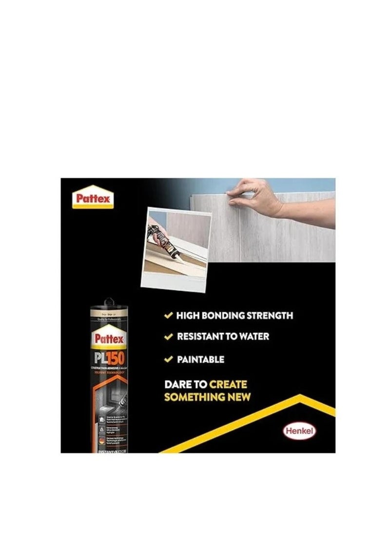 Pattex PL150 Construction Adhesive – Extra Strong Solvent-Based Glue for Interior & Exterior Use, Instant Tack, Beige, 380g - Image 3
