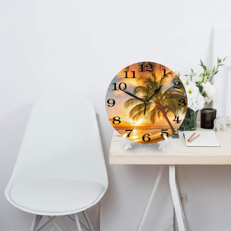 Abucaky Palm Tree and Tropical Beach Wall Clock Battery Operated Silent Round Clock Sunset Over The sea Wall Decor for Home Office School, 12 Inch - Image 4