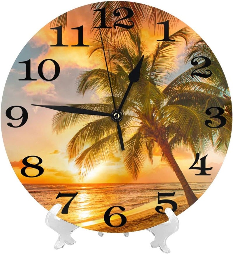 Abucaky Palm Tree and Tropical Beach Wall Clock Battery Operated Silent Round Clock Sunset Over The sea Wall Decor for Home Office School, 12 Inch - Image 2