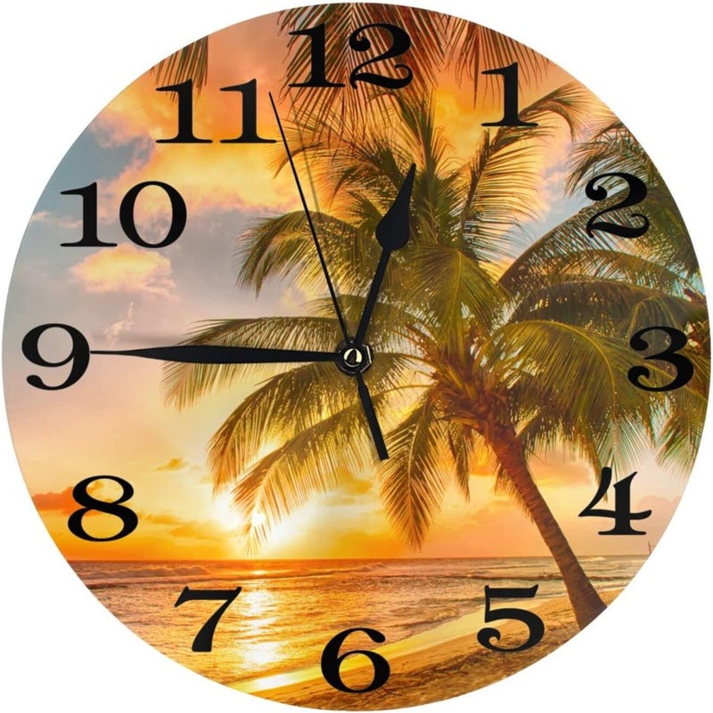 Abucaky Palm Tree and Tropical Beach Wall Clock Battery Operated Silent Round Clock Sunset Over The sea Wall Decor for Home Office School, 12 Inch - Image 1