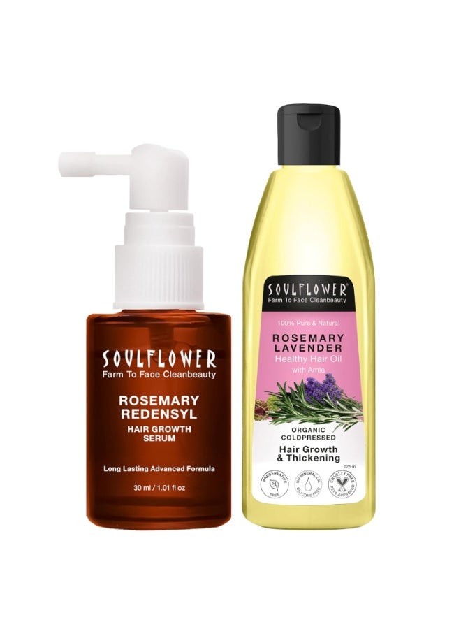 Soulflower Rosemary Redensyl Hair Growth Serum 30ml with 4% Anagain, 1% Melanogray, Biotin, Keratin, Tea Tree, Chia Seeds & Rice Water & Rosemary Lavender Healthy Hair Oil 225ml - Image 1