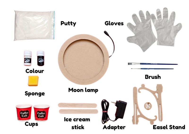 The brown box طقم صنع مصباح القمر مع ضوء LED للحرف اليدوية والديكور المنزلي | يشمل قاعدة MDF، حامل Easel، ألوان، مسحوق معجون وفرشاة | تغليف صندوق هدايا - Image 2
