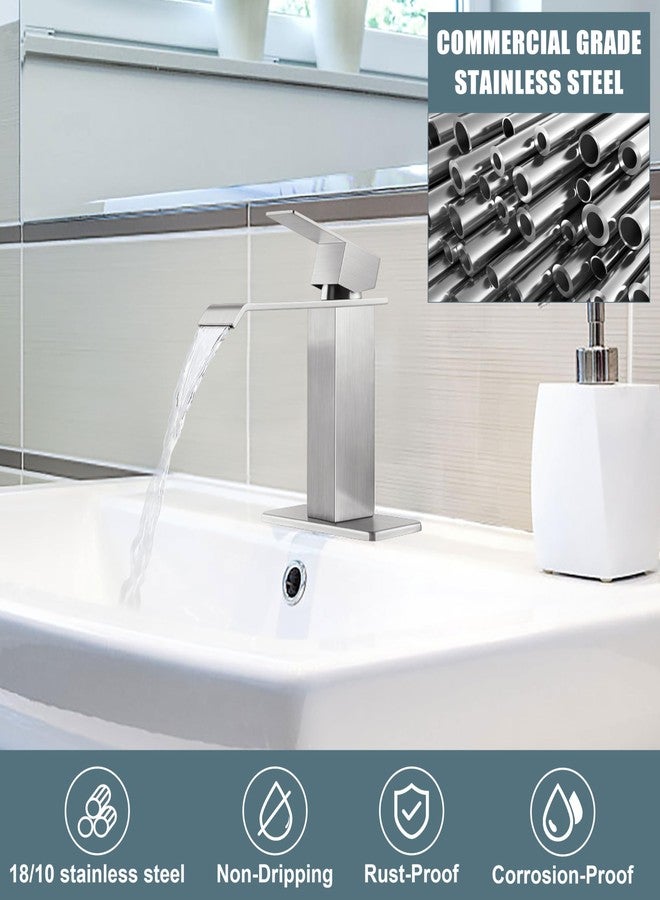 Herogo Brushed Nickel Waterfall Bathroom Faucet for Sink 3 Hole, Stainless Steel Vanity Sink Faucet, Rv Bathroom Tap with 1 Handle, Pop Up Drain, Deck Plate and Supply Hose - Image 4